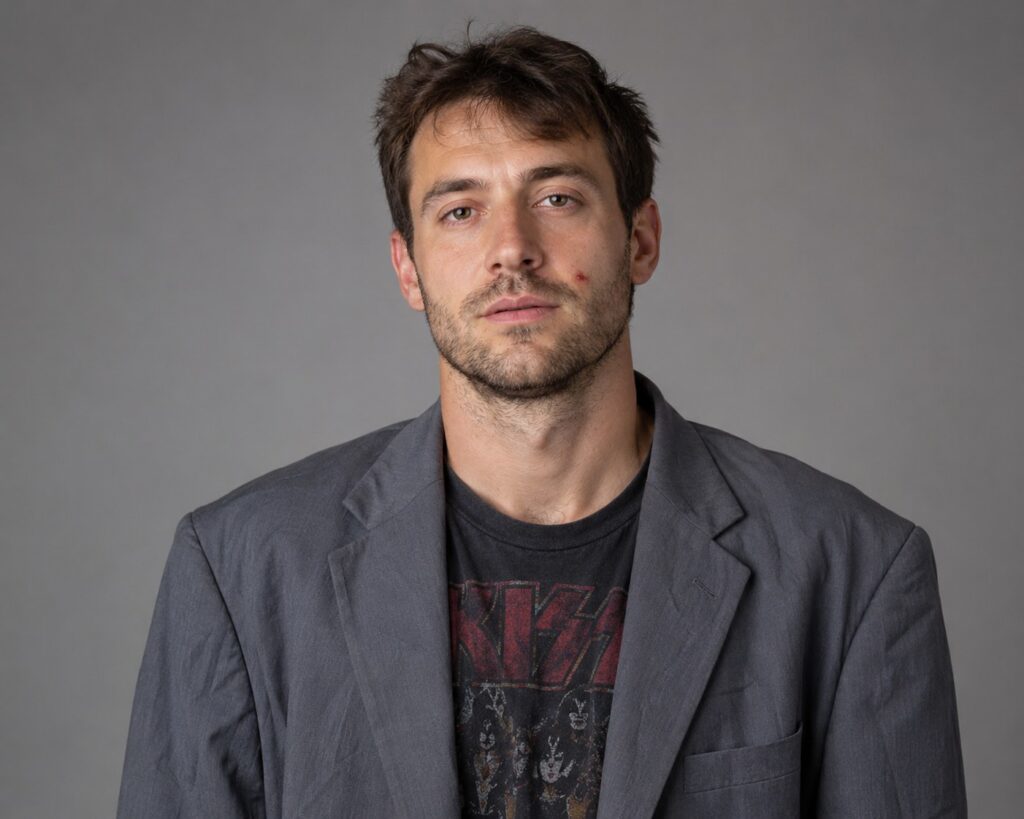man not groomed wearing wrinkled oversized clothing for headshots