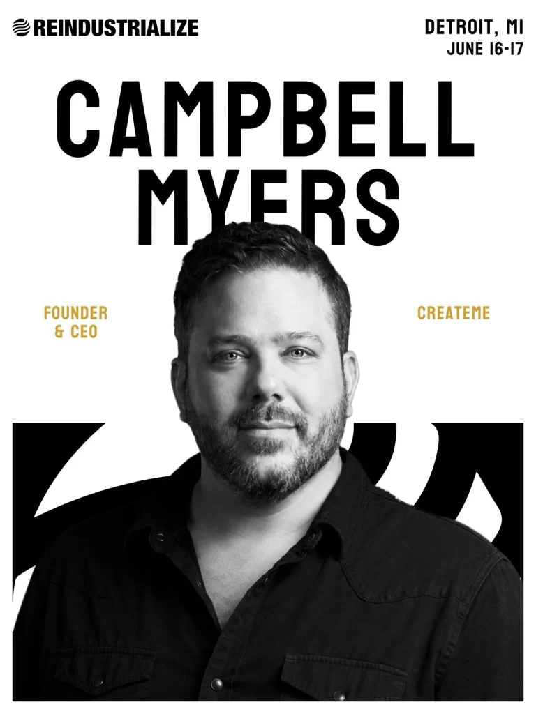 Cam Myers speaker announcement for Reindustrialize featuring his black and white portrait by EMS Headshots