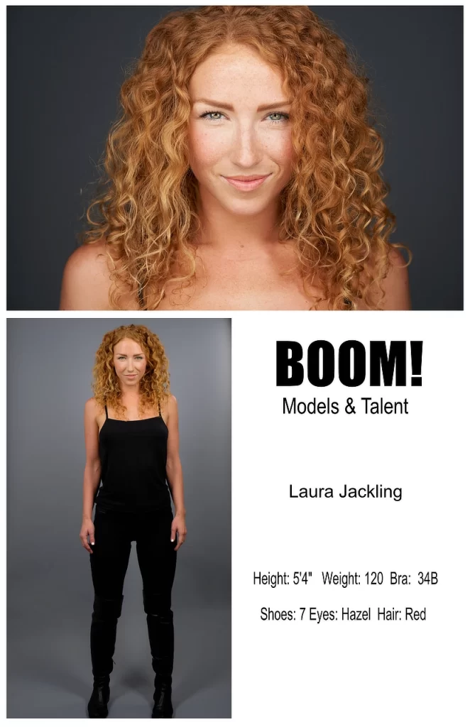Model comp card featuring Laura's headshot and full-length modeling portrait.